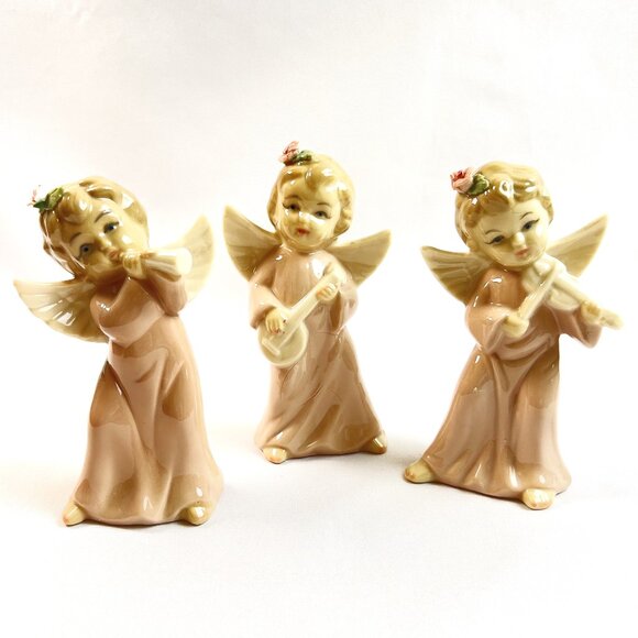 German Hutschenreuther Vintage Pink & Gold Angel Figurines Musical Trio 1950-70s - Picture 1 of 12